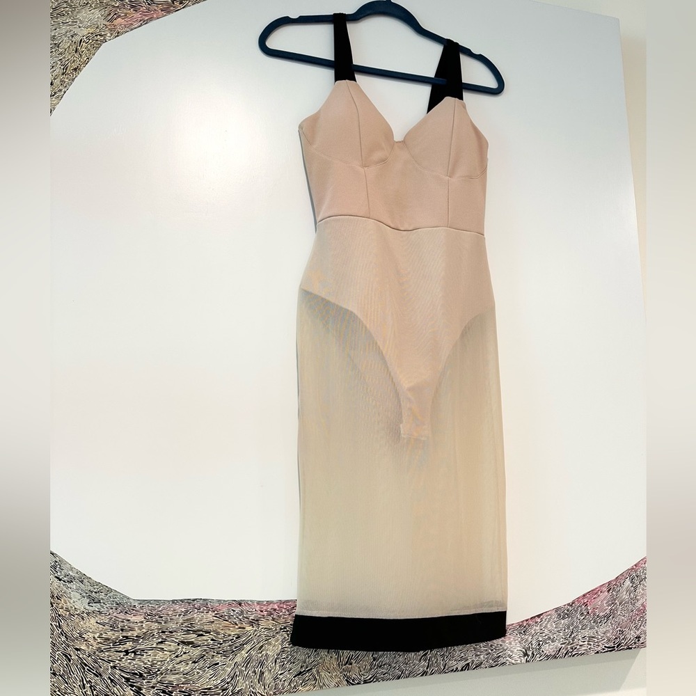 Beige Midi Dress with Black Straps